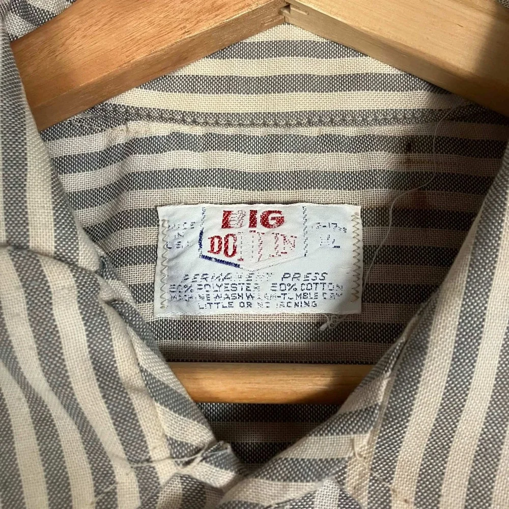 Vintage 70s Big Donlin Mens Striped Work Shirt Long Sleeve Grey Tan 16-16.5 L - Picture 3 of 16
